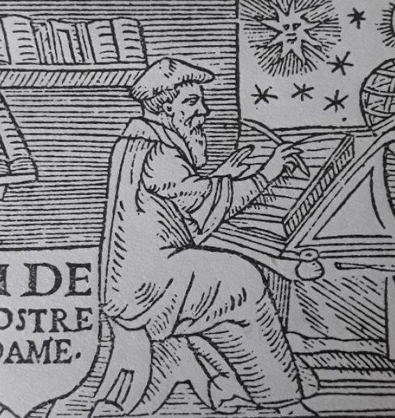 Gravure de Nostradamus représenté assis en train d'écrire face à un ciel étoilé