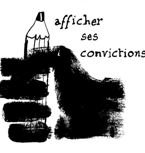 une main tient un crayon, un texte est écrit : afficher ses convictions