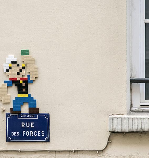 image pixellisée de Popeye réalisée par Mifamosa avec la plque de la rue des Forces à Lyon