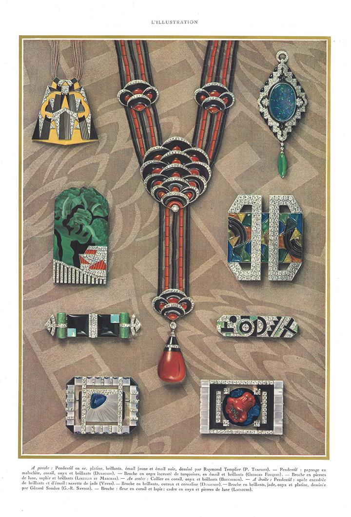 Planche de bijoux tirée de L’illustration (1927) dont Boucheron, Dusausoy, Fouquet, Lacloche, Linzeler et Marchak